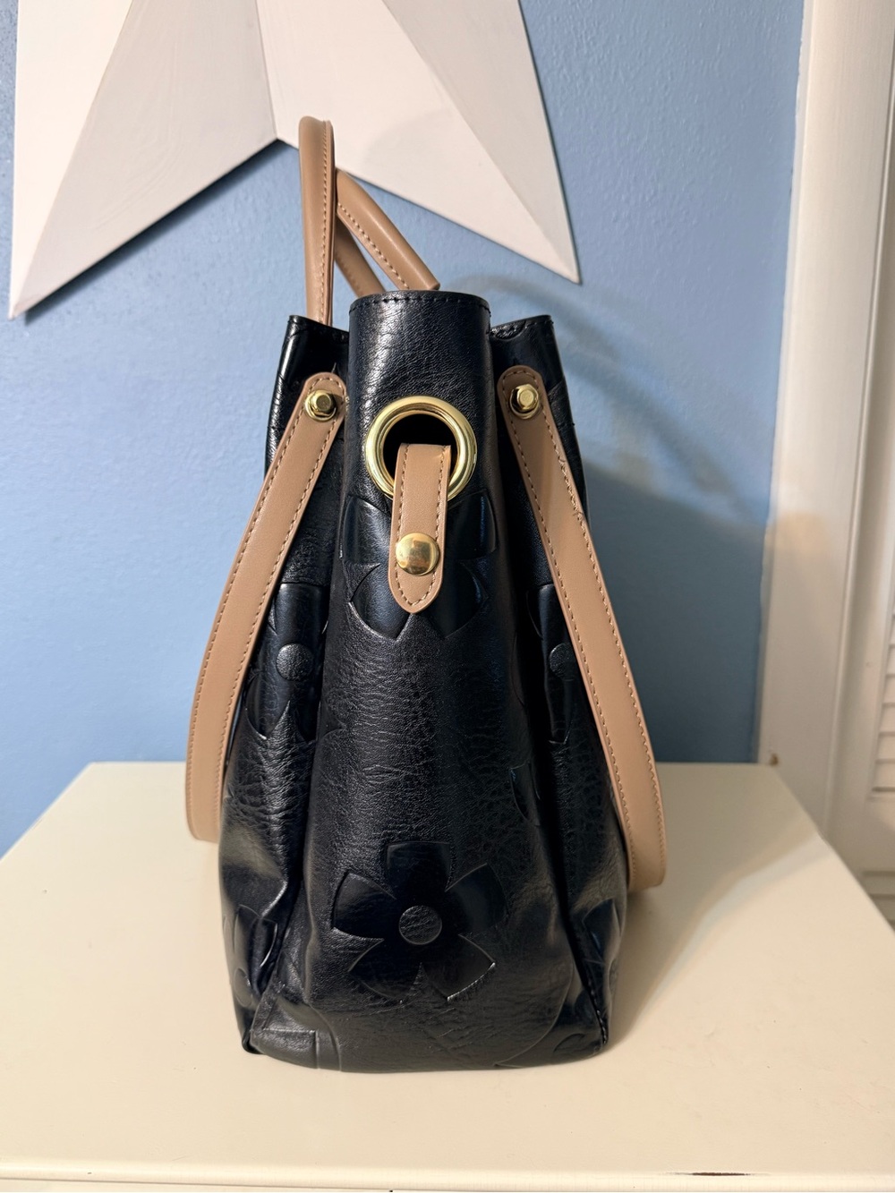 Black Embossed Tote with Tan Top Handles - Picture 3 of 4
